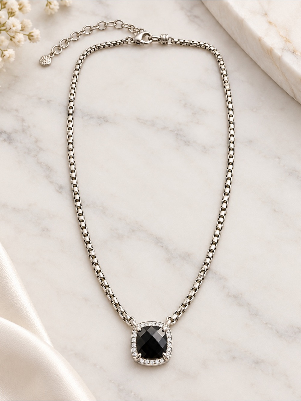 JAI 925 STERLING SILVER FACETED BLACK ONYX NECKLACE TIMELESS CHIC JEWELRY